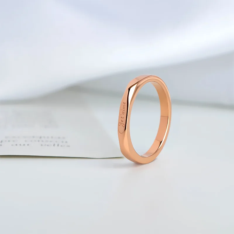 French Love You Letter Titanium Steel Smooth Ring 18K Gold Plated Waterproof Non Allergic Finger Jewelry for Women Girl Gift