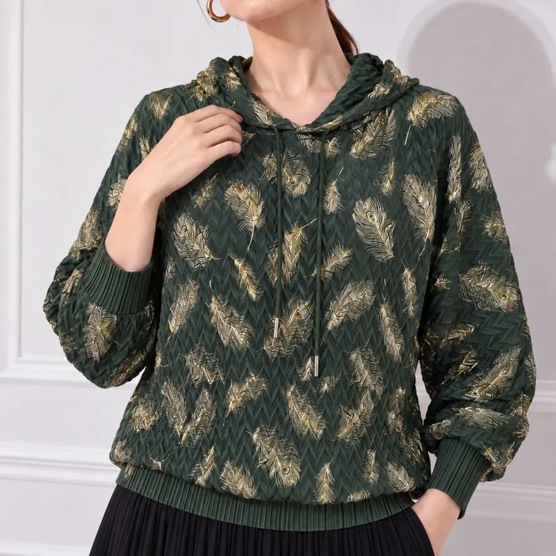 Miyake Pleated Hooded Sweatshirt for Women Featuring Gold Foil Feather Print Casual Fold Jacket Long Sleeves Multiple Colors Top