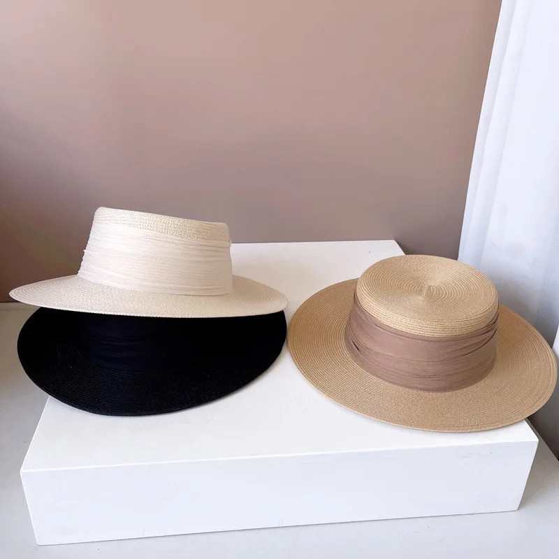 European American Retro Ribbon Wide Brim Hats For Women Elegant Flat Top Fashion Beach Cap Quality Wedding Sombrero Mujer Playa