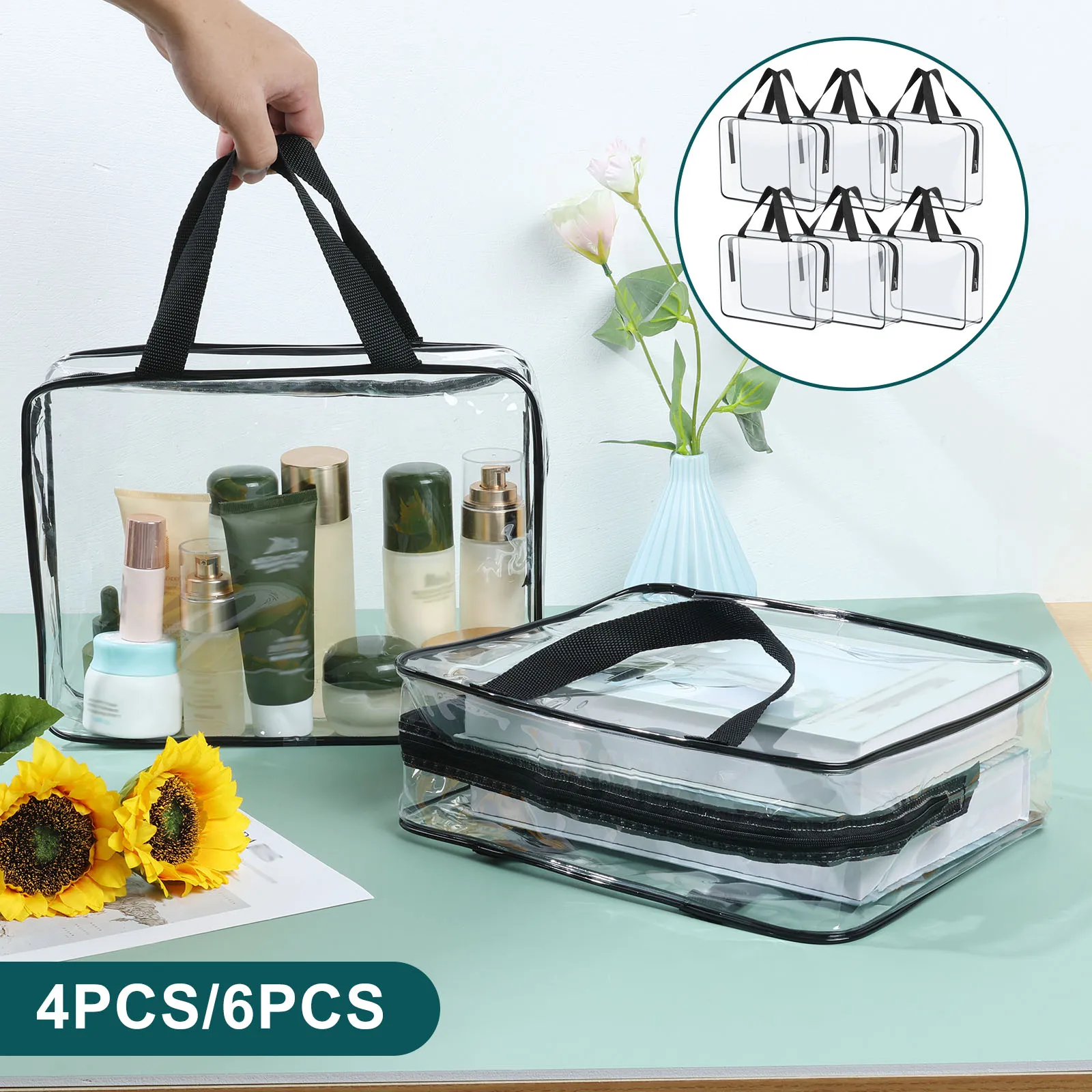 4/6Pcs PVC Makeup Storage Bags Portable Large Capacity Waterproof Clear Organizer Bag with Zipper for Travel Washing Household