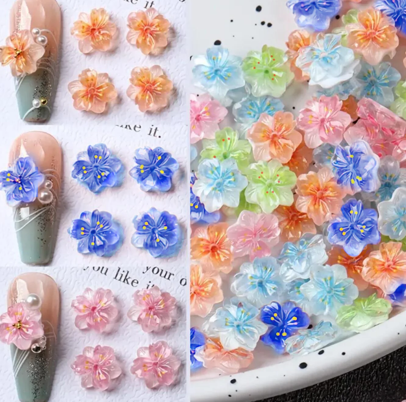 50Pcs 3D Ice Translucent Lily Flower Nail Charm Resin Gradient Cherry Blossom Nail Art Rhinestone DIY Floral Manicure Decoration