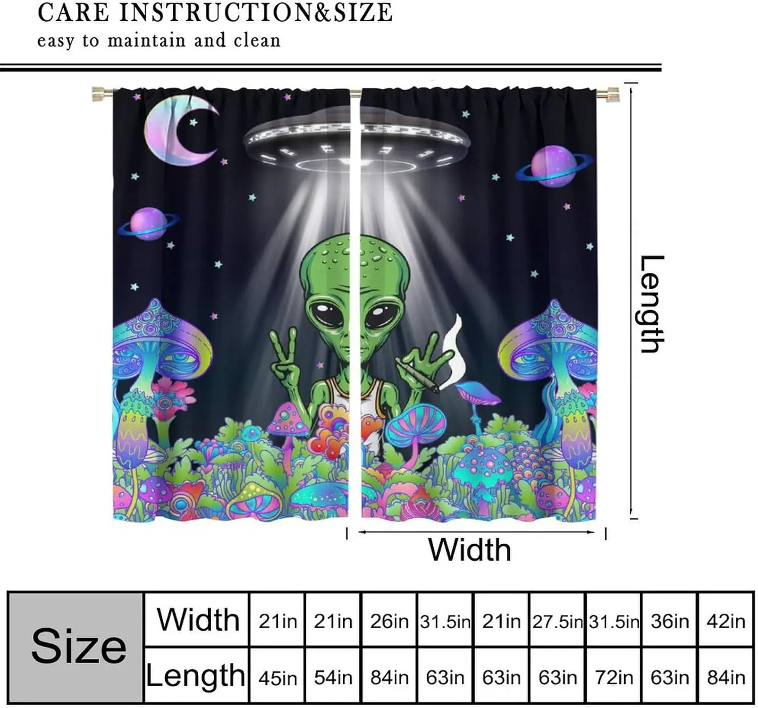 Alien Curtains, Galaxy Planet Spaceship UFO Cool Colorful Mushroom Plant Print Blackout Window Treatments, Rod Pocket Thermal