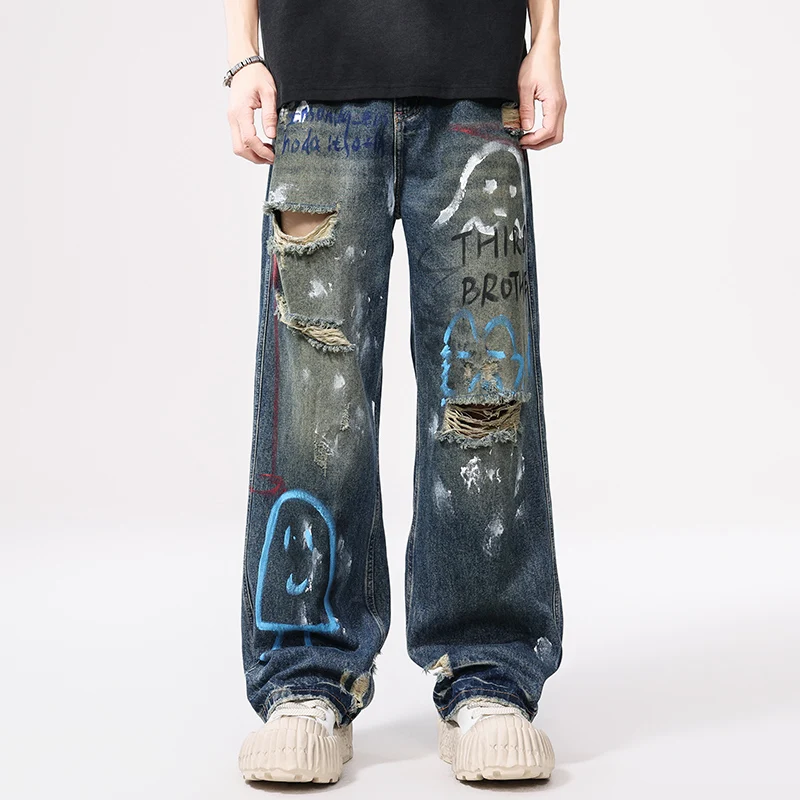 Men Graffiti Print Hole Streetwear Fashion Hip Hop Loose Casual Denim Ripped Jeans Pants Cityboy Top Quality Dirty Jeans Trouser