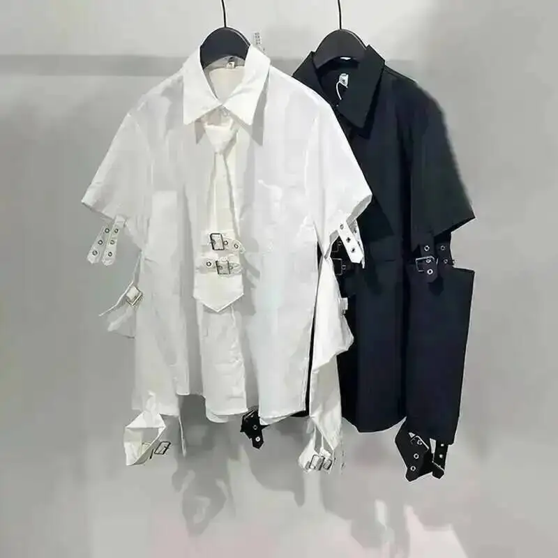 HKSH Men\'s Punk Darkwear High Street Nihce Design Shirts Sleeve Detachable Necktie Casual Tops Summer Spring Chic Blouse HK0006