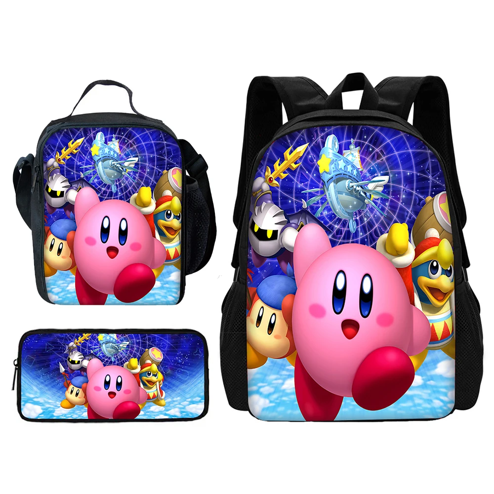   Mochila unissex Game Pink K-kirbys com lancheiras, bolsas de lápis infantis, bolsas escolares para meninos e meninas, melhor presente