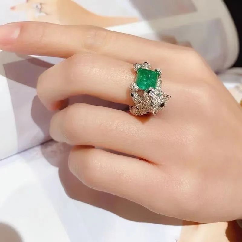 925 sterling silver Caibao French luxury leopard emerald ring with adjustable ring opening for women, elegant and sophisticated