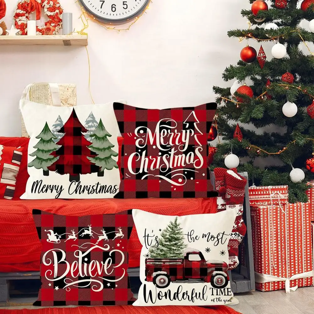 Easy Maintenance Pillowcase Festive Christmas Throw Pillowcases Set Colorful Cartoon Print Square Shape Farmhouse Bedroom Decor