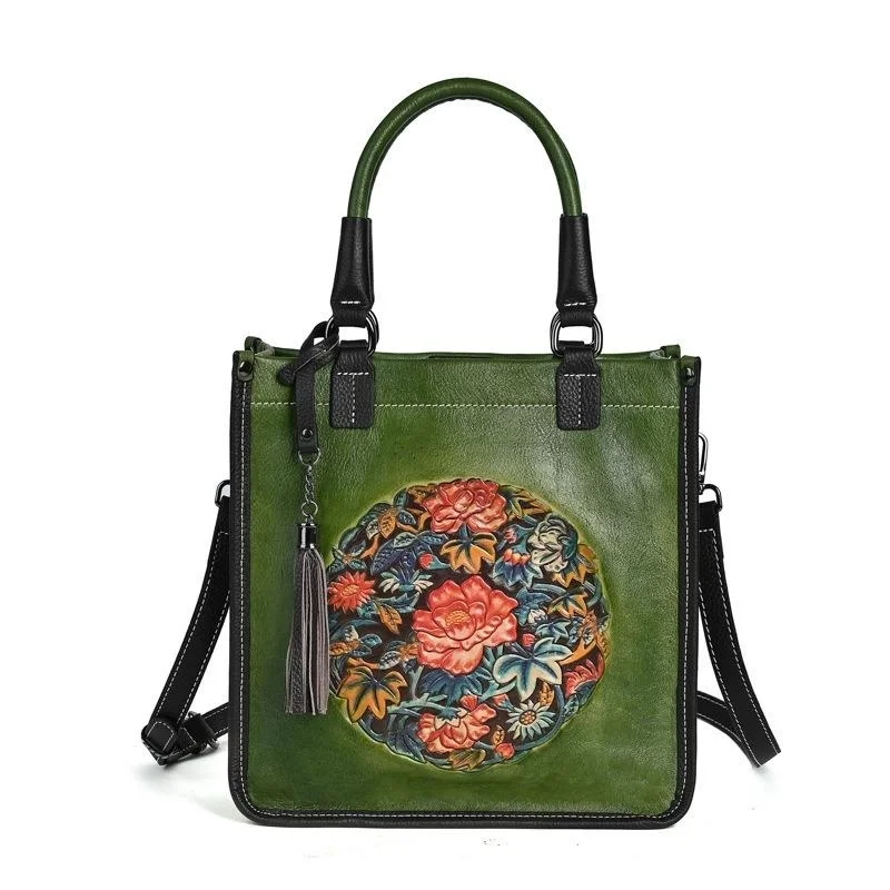 حقيبة يد من الجلد الطبيعي من MOTAORA للنساء ذات سعة كبيرة حقيبة كتف كلاسيكية منقوشة على شكل زهرة محفظة كاجوال فاخرة بتصميم كلاسيكي