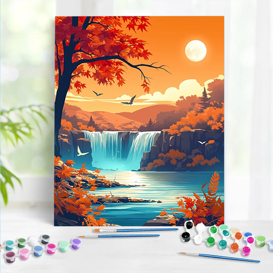 

RUOPOTY Painting By Numbers Sunset Waterfall Acrylic Paint Paintings HandPainted On Canvas Art Supplies For Interior Home Decor