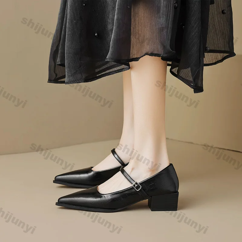 امرأة الموضة مدبب ماري جين أحذية 2025 ربيع جديد أنيق مضخات الإناث مثير أشار تو عالية الكعب كعب سميك أحذية الحفلات