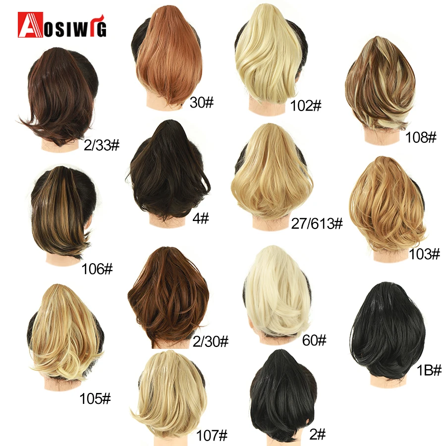 AOSIWIG-extensiones de cabello sintético para niña, postizo de pelo corto y liso, resistente al calor, color negro, gris y rojo