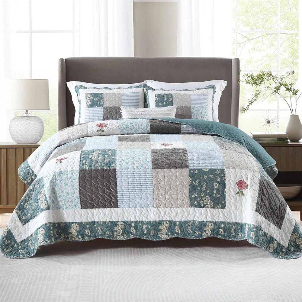 

Vintage Patchwork Quilt Set Queen Size 3PCS 100% Cotton Breathable Quilted Coverlet Bedspread Comforter Home Decor