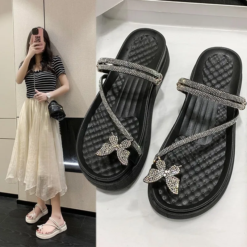 

Fashion Rhinestone Women's Flip-toe Sandals Comfort Non-slip Women Sandals 2024 Summer New Outdoor Thick Sole Slippers Sandalias