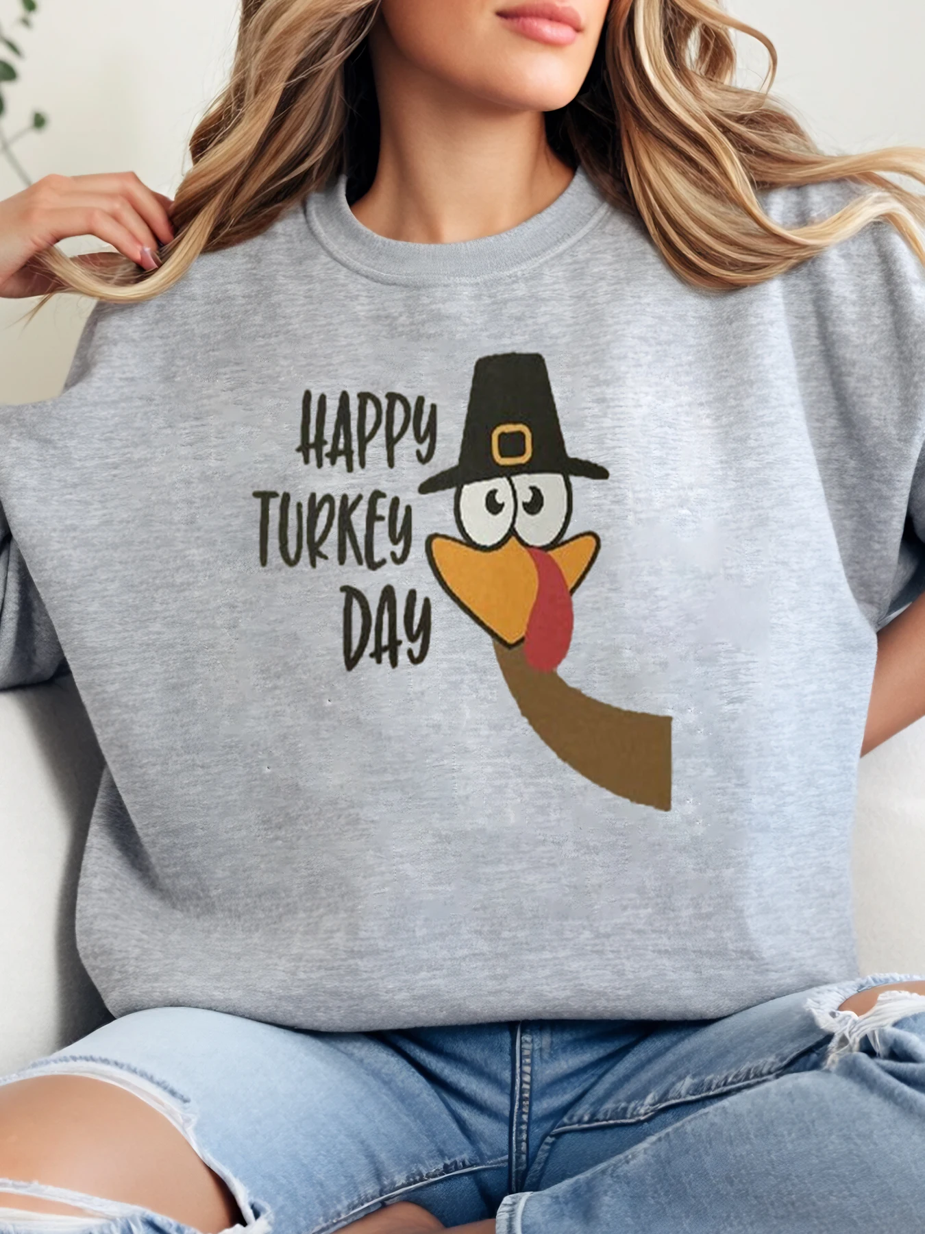 

Толстовка с круглым вырезом и принтом головы Турции, женская повседневная осенне-зимняя одежда на День Благодарения, серая, больших размеров
