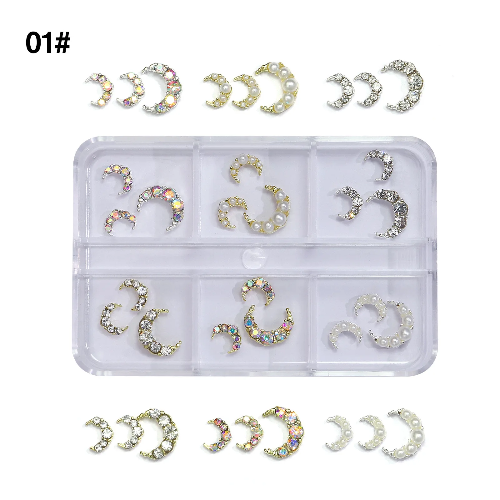 18pcs nuovi accessori per unghie all'ingrosso diamond pearl Moon light luxury crescent beauty girl metal alloy nail drill DIY nail decora