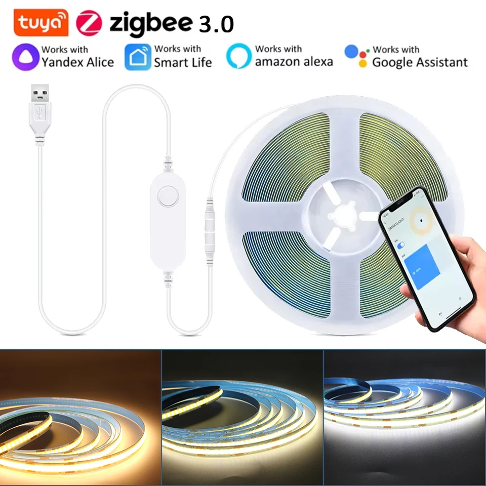 5V USB 지그비 투야 와이파이 LED 스트립 세트 지그비3.0 컨트롤러 320LED/M COB LED 스트립 조명 스마트 라이프 앱 컨트롤 (알렉사, 구글 지원)