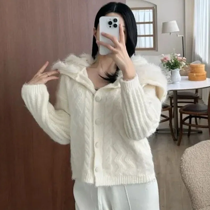 

Women's Chic Design Navy Collar Thiened Soft Knitted Sweater Alpaca Wool Coat with Fur Collar Long Sve Regular Length