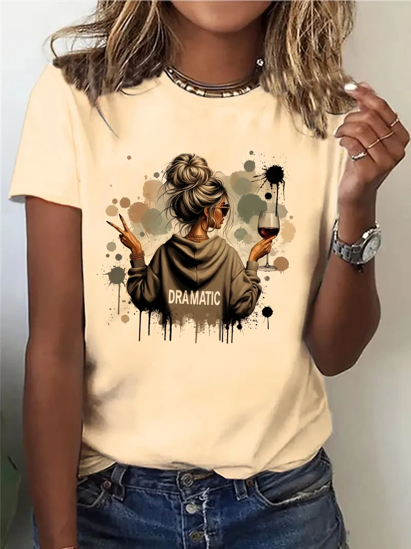 

"Dramatic" 3D Print with Wine Print Streetwear 90s Women's Casual Graphic T-Shirt Short Sleeve T Shirt Women's Clothing Top Te