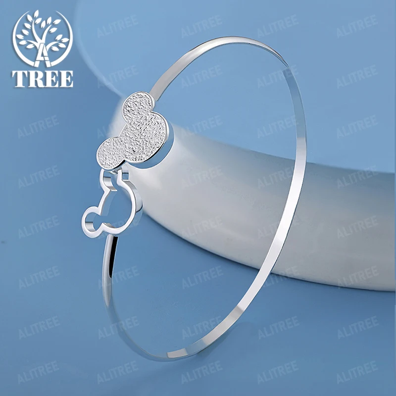 

925 Sterling Silver Exquisite Frosted Mickey Bangle Women Fashion Jewelry Gift Birthday Wedding Party Pretty Accessories