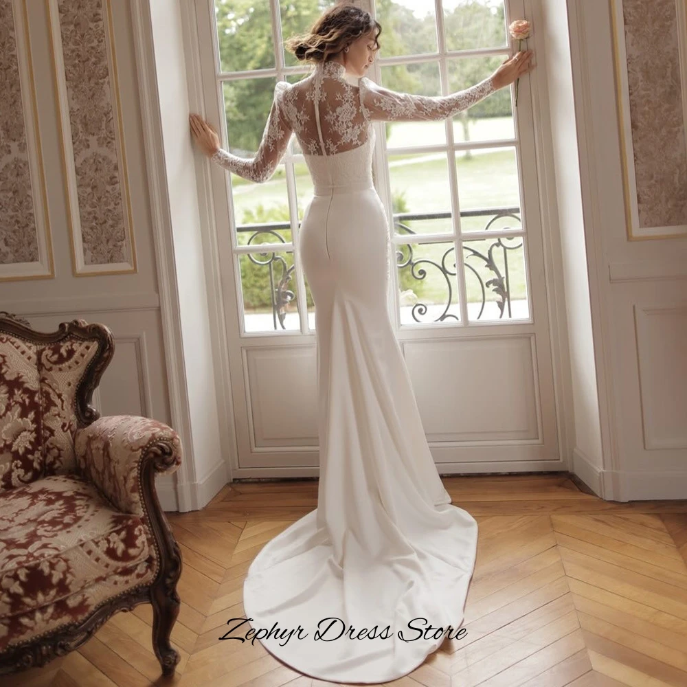 

Temperament Mermaid Satin Wedding Dress Exquisite Appliques High Collar Robe de mariée Customized Lace Long Sleeves Bridal Gowns