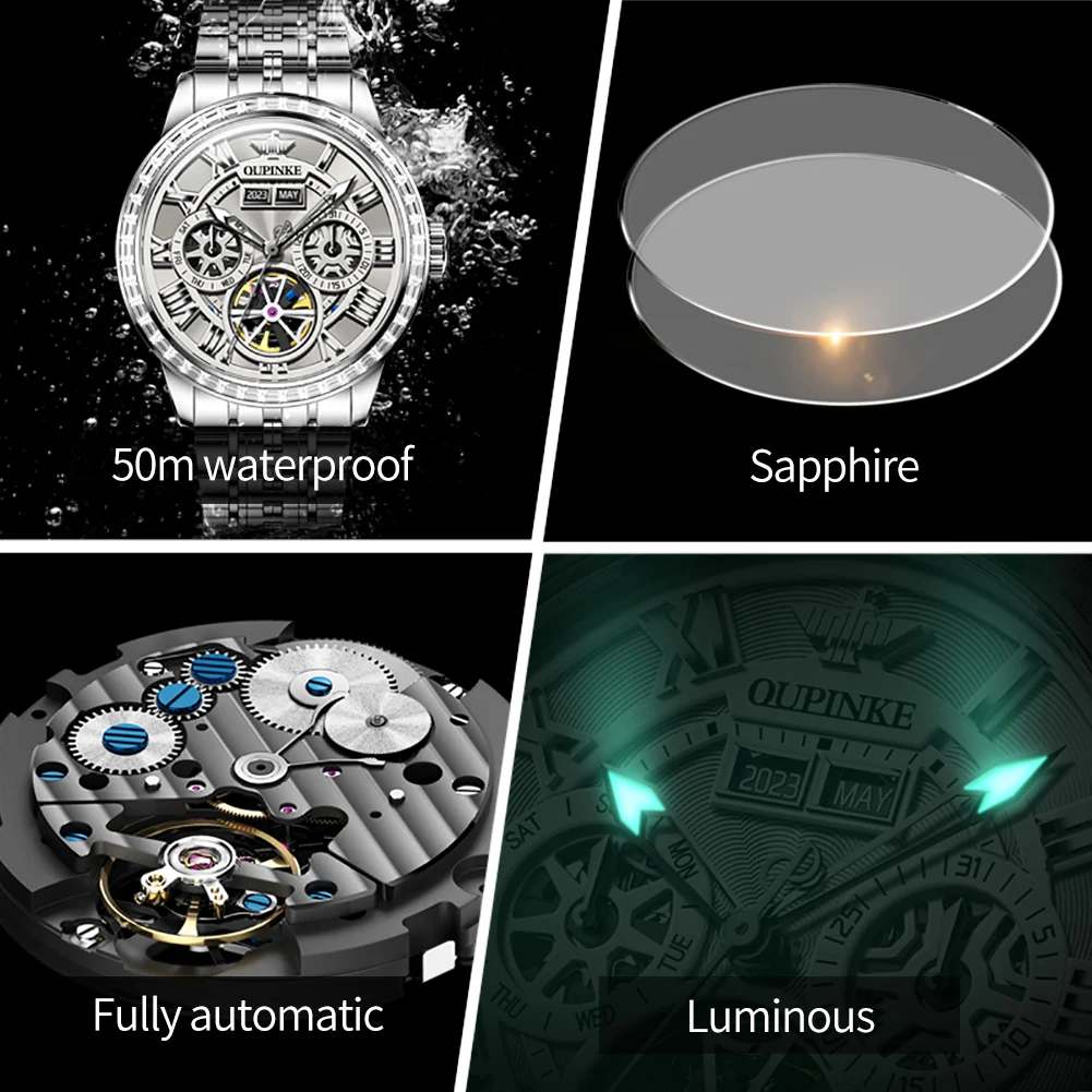 OUPINKE High Quality Brand Men\'s Watches Multifunctional Hollow Out Automatic Mechanical Watch Diamond Dial Sapphire Waterproof