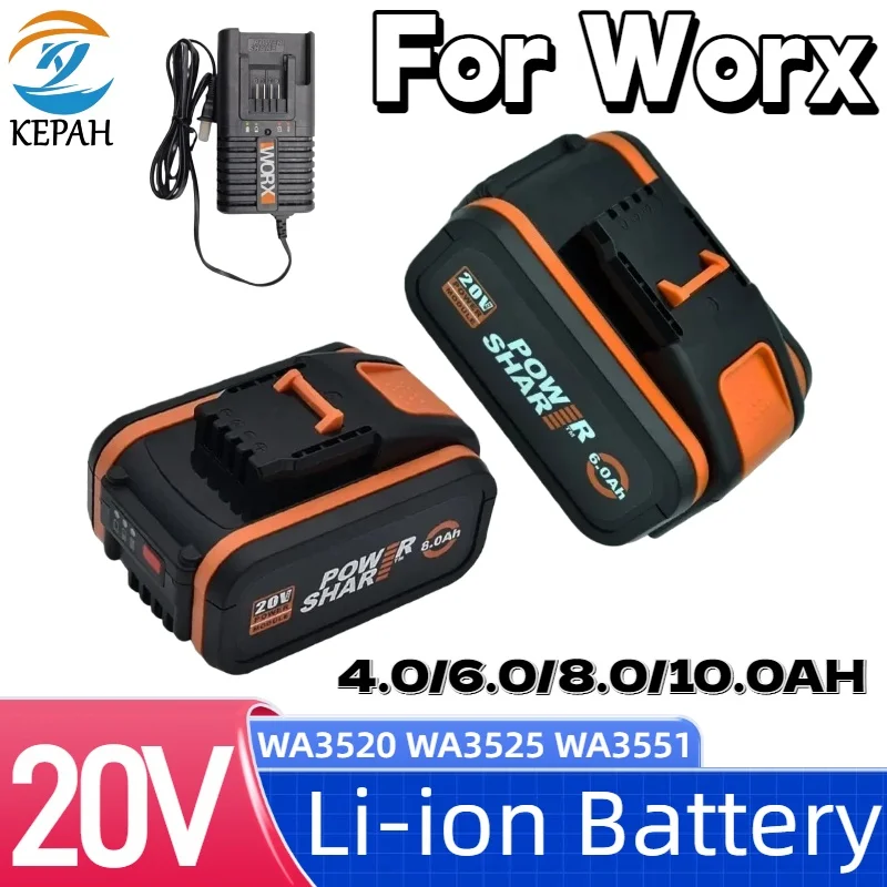 100% New For Worx 20V 6.0Ah 8.0Ah Li-ion Battery Rechargeable WA3553 WA3551 WA3553.1 WA3570 For All Worx Electric Garden Tools