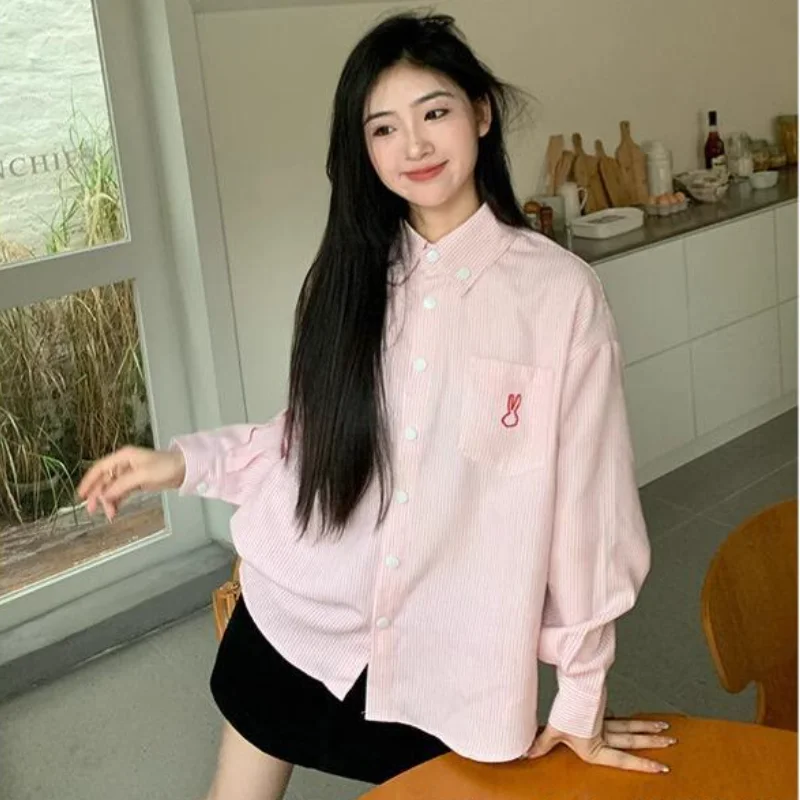 

Women's Loose Long Sleeve Shirt Cotton Blend Pink Vertical Stripe Casual Sun Protection Commuter Outerwear Long Sleeve Shirt