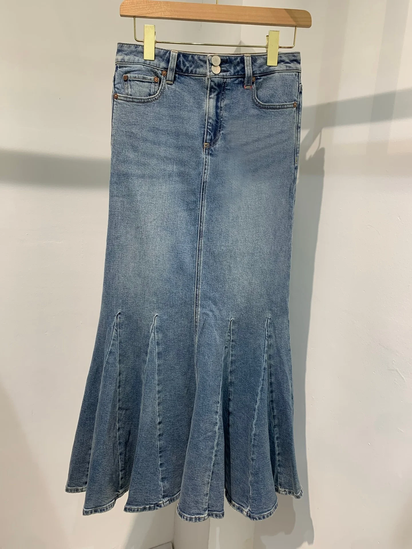 Women High Waist Pleated Spliced Fashion Denim Long Skirt