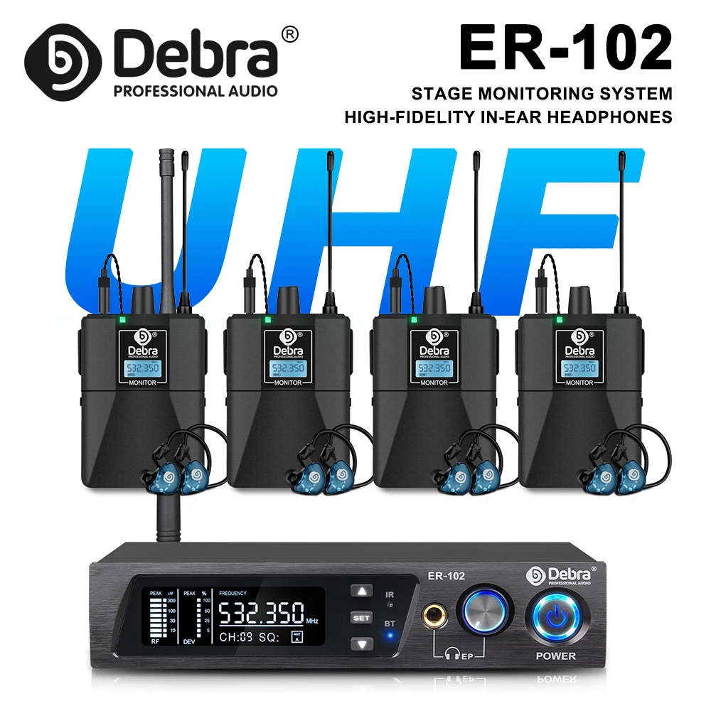 Debra ER-102 Professional Wireless In-Ear Monitor System, UHF band with Bluetooth 5.0 support, for stage performances, drummers