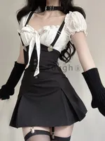 Black Sexy Party Two Piece Set Women Summer Korean Fashion Suspender Dress Suit Female Puff Sleeve Blouse＋Casual Mini Dress 2025