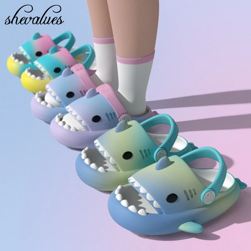 Shevalues Colorful Children's Shark Slippers Fashion Baby Cartoon Slippers Girls Boys Home Non-slip Sandals Outdoor Beach Slides