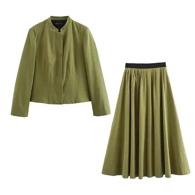 Pleated Midi Skirt Sets For Women 2 Pieces 2024 New Fashion Cropped Jacket Coat Women\'s Suit Two Piece Set Women Outfit