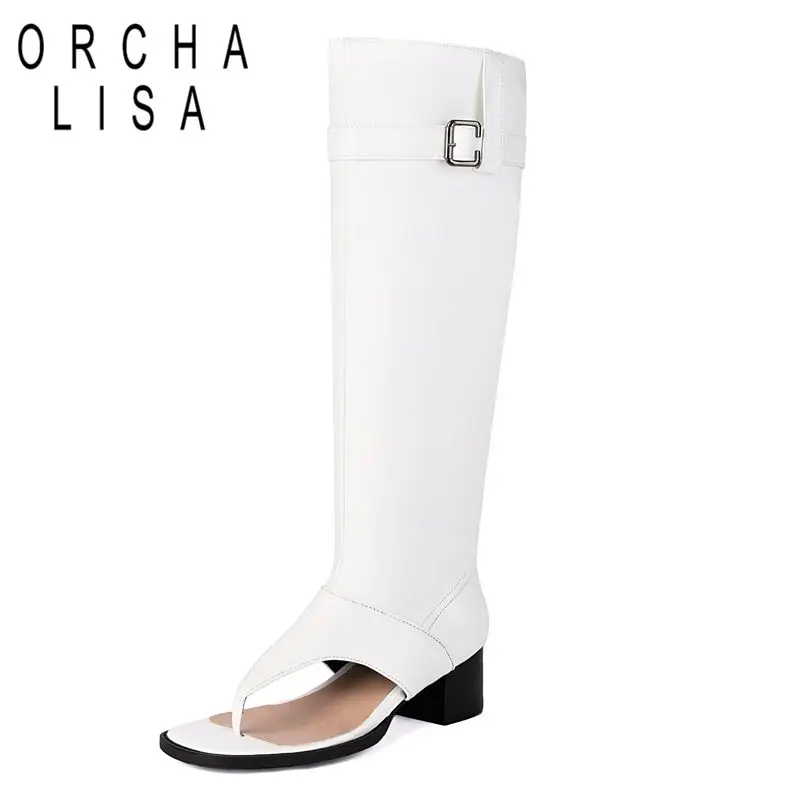 ORCHA LISA Fashion Female Sandals Clip Toe Block Heels 4cm Slip On Belt Buckle Large Size 46 47 48 Mid Calf Daily Street Shoes