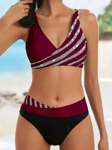 Imagen 2 del producto Conjunto de Bikini con cuello en V para mujer, traje de baño de retazos con estampado de rayas, ropa de playa para verano, bañadores para mujer, traje de baño 2XL 2024