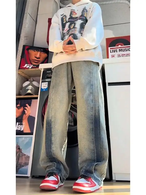 

Retro adient Blue Men's Jeans Patchwork Deconstruction Design Straight Leg Wide Leg Workwear Pants American High Street