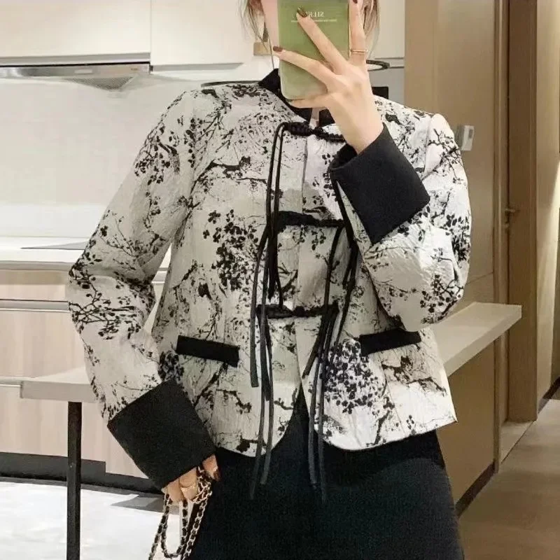 New Women's Jacket Outerwears   Fashion ink Painting Loose Short Cardigan Single-breasted Coat Buckle Coat Chinese Retro Coat