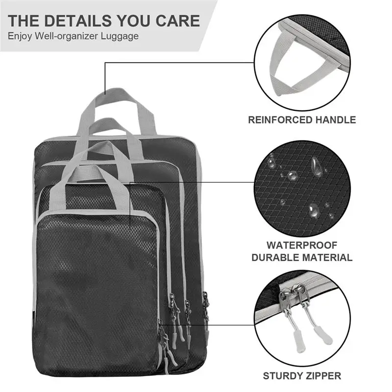 NEW HOT In Stock-4 Set Ultralight Packing-Cubes Compression Packing-Cubes Black For Carry On Suitcase,Travel Packing For Suitcas