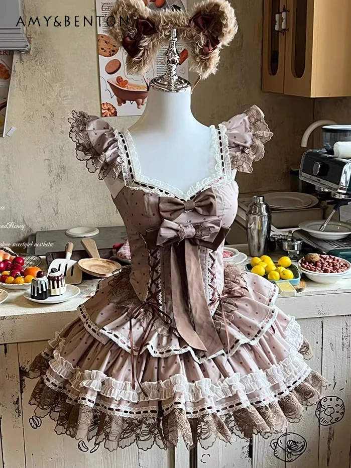 

Cute Ballet Style Lolita Dresses Sweet Girl Bowknot Polka Dot Print JSK Slim Ball Gown Dress Elegant Birthday Dress for Women