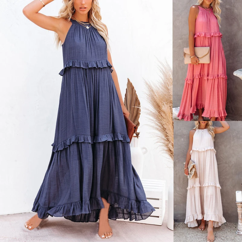 

Women Solid Long Dresses Summer Casual Loose Sleeveless Hollow Tie-Up Dress Female Beach Party Ruffle Maxi Dresses Elegant Robe