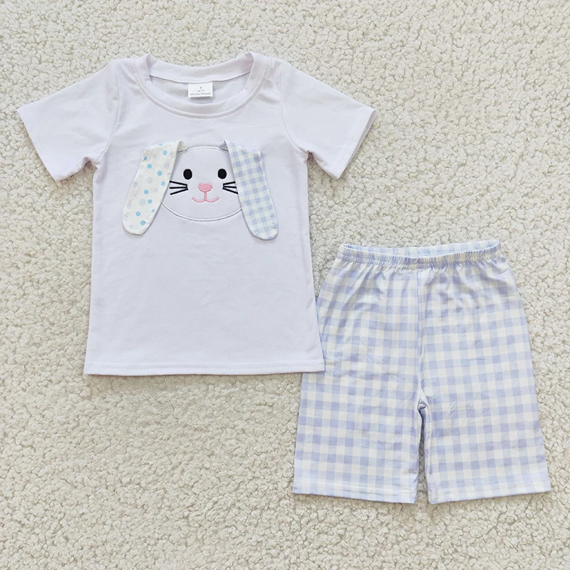 

Kid Happy Easter Spring Children Set Toddler Baby Boy Embroidery Rabbit Bunny Ears White Short Sleeves Shirt Plaid Shorts Outfit