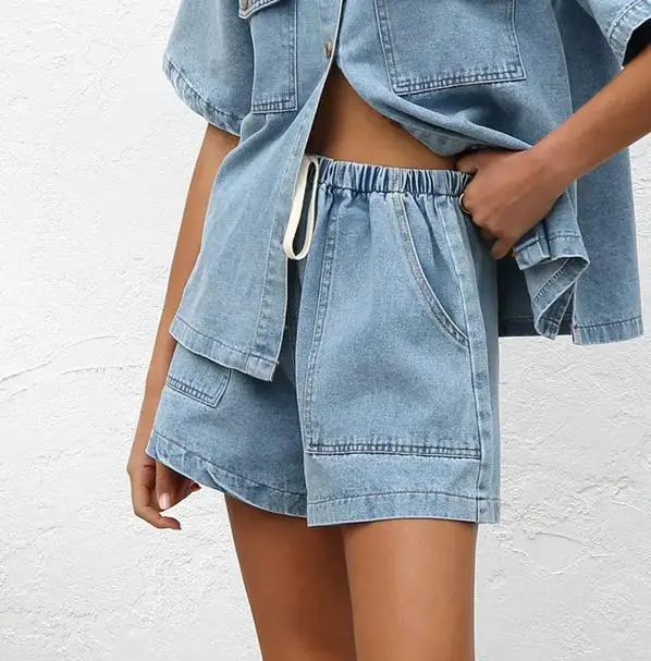 Set di pantaloncini di jeans larghi estivi per donna risvolto monopetto maniche corte e pantaloncini elastici jeans femminili abiti streetwear