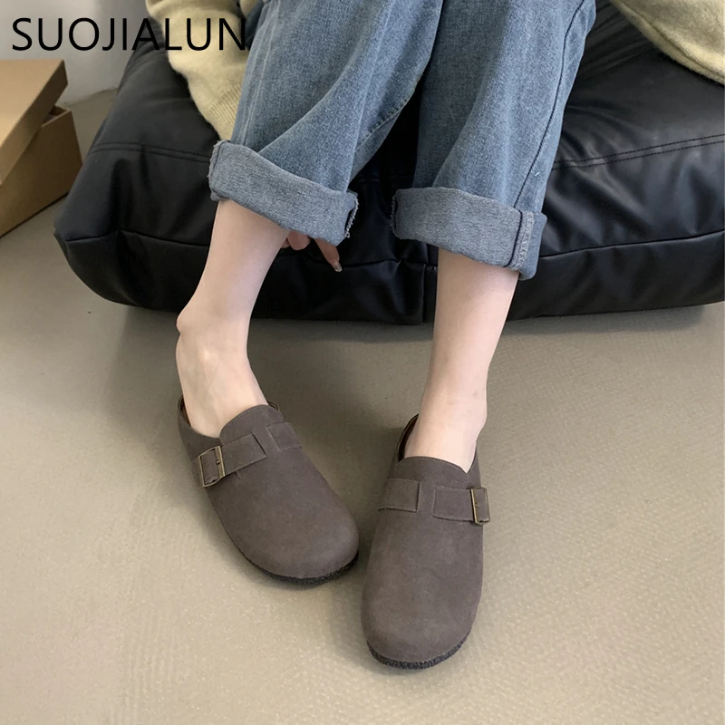 SUOJIALUN 2024 Spring New Brand Women Slipper Shoes Round Toe Slip On Mules Shoes Fashion Flat Heel Casual Flat Slides Shoes