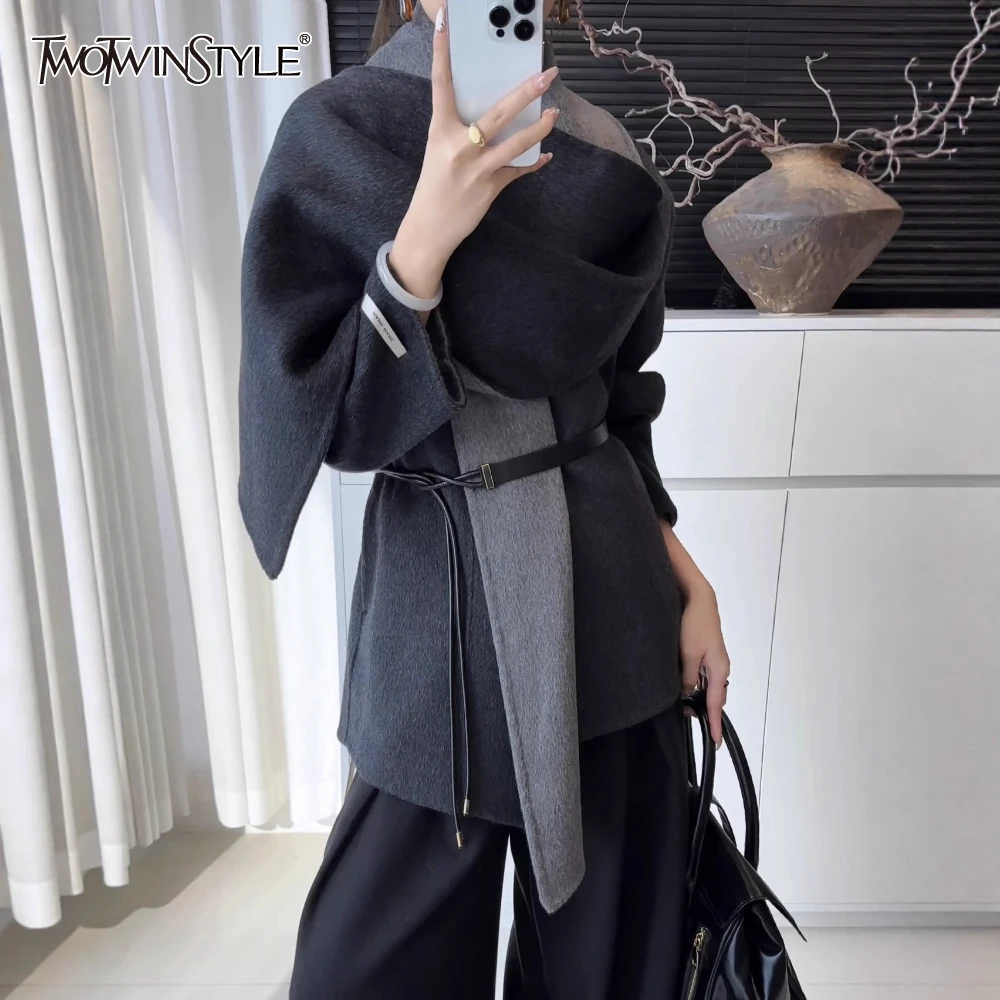 TWOTWINSTYLE Solid Spliced Shawl Jacket Female O Neck Long Sleeve Loose Elegant Irregular Women's Jackets Autumn Fashion Style