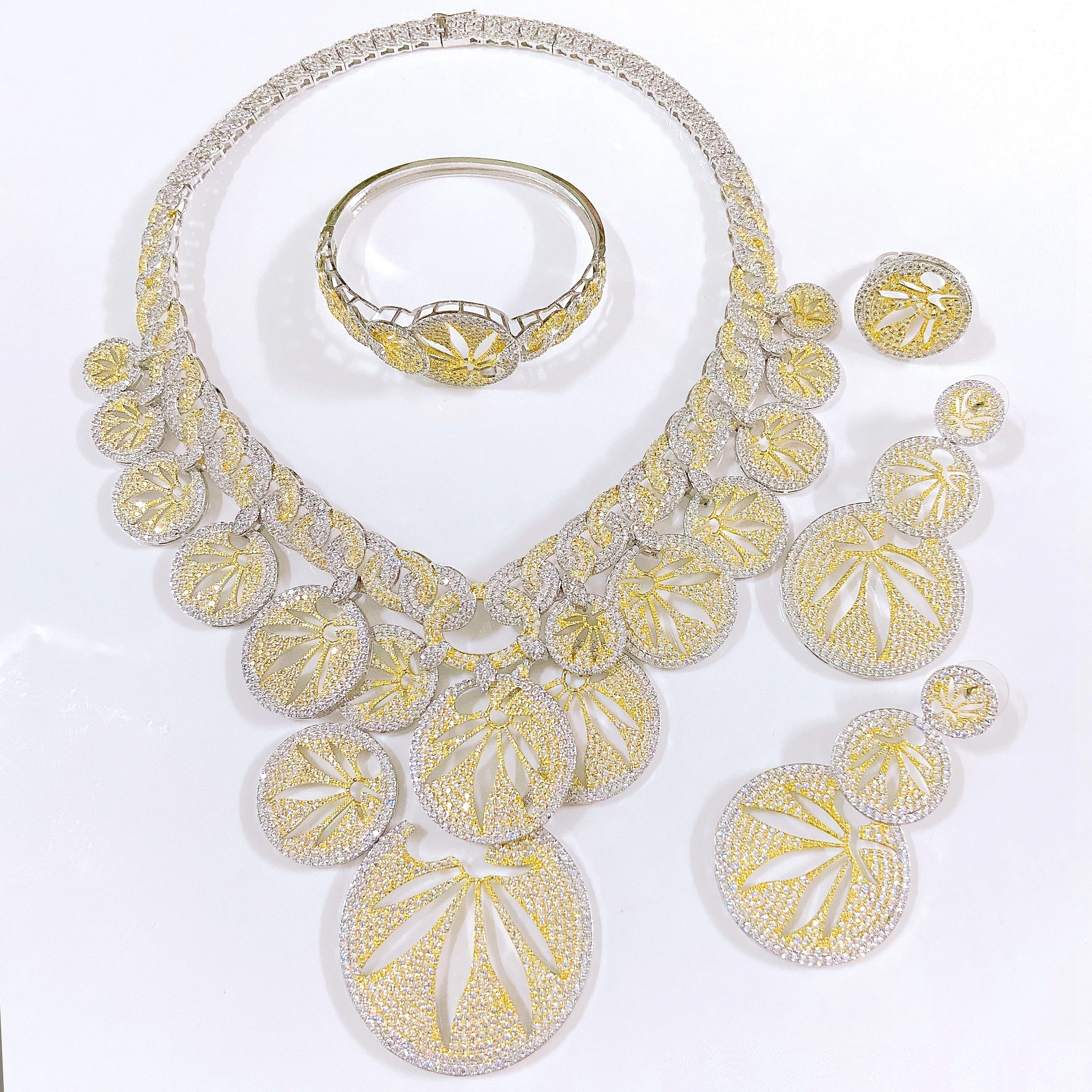 

Yulaili trendy round two tone American Zirconia Jewelry Set in stock fashionable Necklace Bracelet Earrings Ring Set For Wedding
