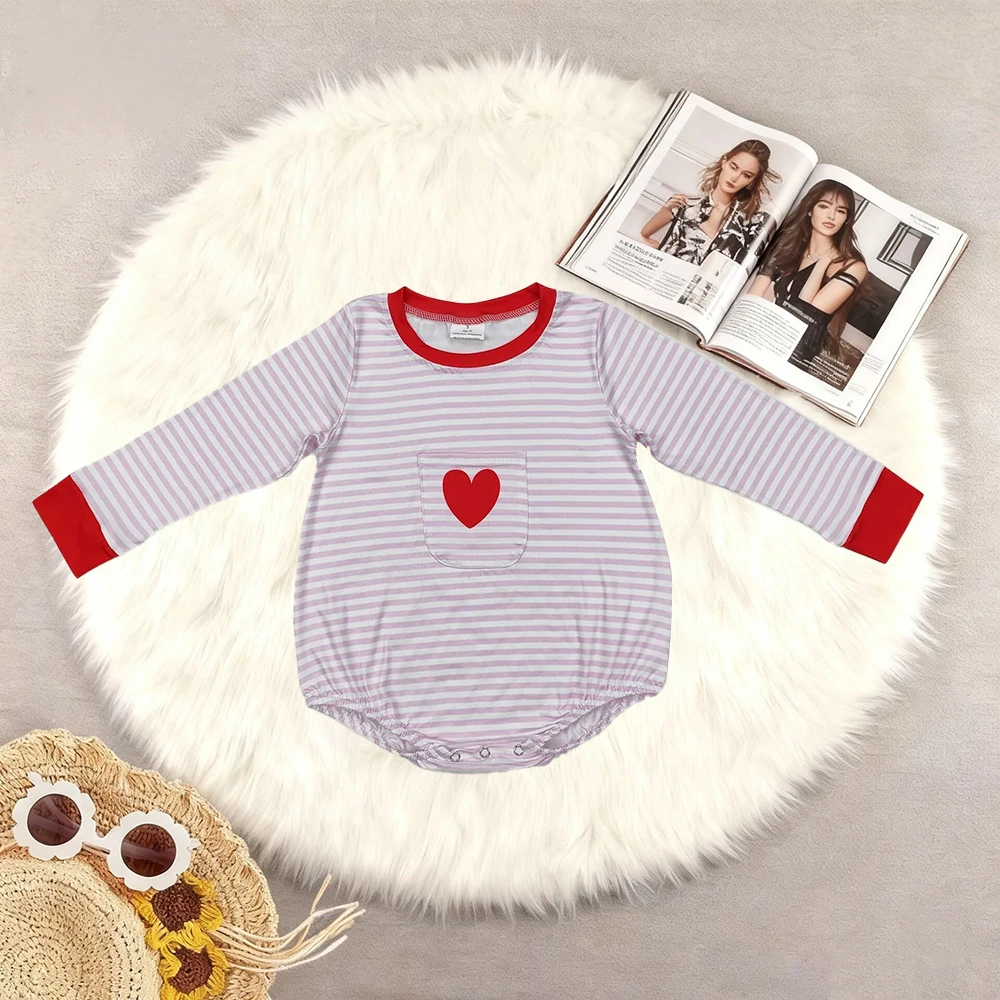 

11.10 Baby Infant Girls Pink Stripes Heart Pocket Long Sleeve Rompers