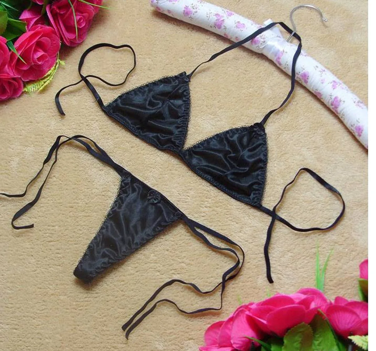 Ladies Japanese Lace-up Sex Seduction Bikini Satin Sexy Erotic Lingerie Three-point No Steel Ring Bra G String Set Solid Color