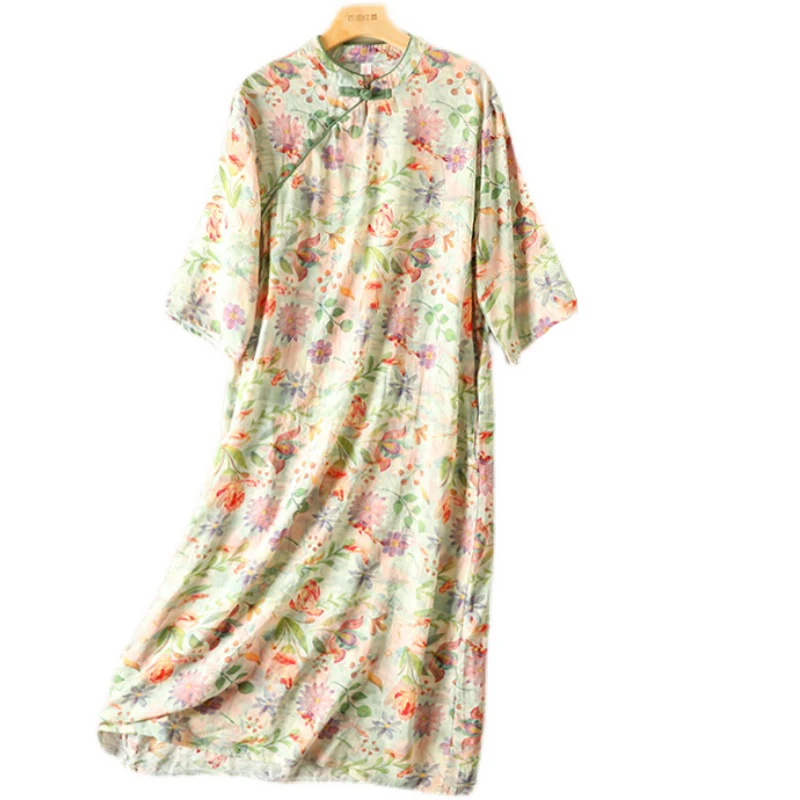 Хлопково-льняная юбка Qipao Dr с цветочным принтом, большие размеры, женская модная утягивающая юбка трапециевидной формы, длинная длина, воротник-стойка, пуговицы...