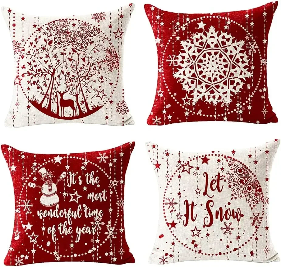 Merry Winter Christmas Red Snowflake Ball Snow Deer with Tree Linen Pillowcase Cushion Cover Decorative Sofa Living Room