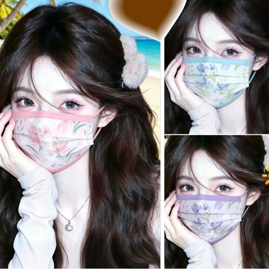 Original Elegant Iris Printed Disposable Mask, High‑Grade Fashion Women Mask, 3‑Layer Breathable High‑Beauty Mask