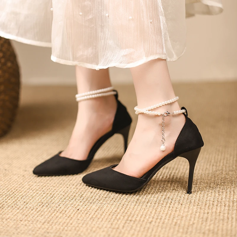 New Vintage Black Pointed Toe Heels Office Lady Slim French Elegant Party Shoes Woman Casual Korean Fashion Pumps Comfort Chic